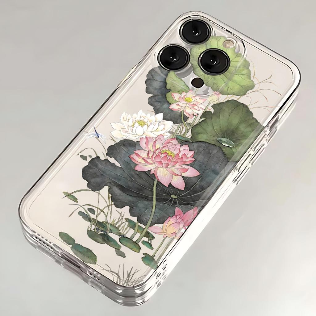 Chinese Ink Wash Lotus Bird Clear Phone Case for iPhone 17 16 15 14 13 12 11 16E Series Pro Max Plus Double Layer Protection
