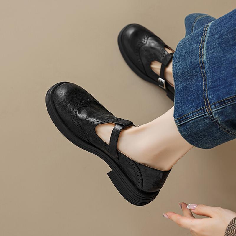 Fashion NEW Autumn/Spring Women Pumps Round Toe Chunky Heel Shoes Genuine Leather Shoes for Women Hollow Mary Janes Black Handmade Shoes