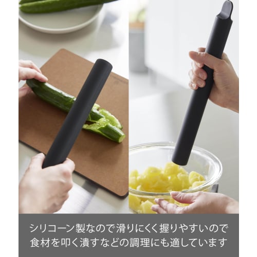 Yamazaki Tower Silicone Rolling Pin with Scraper, Black, W3 x D3 x H30cm, Dishwasher Safe, 2-Way Rolling and Cutting Function, 1412