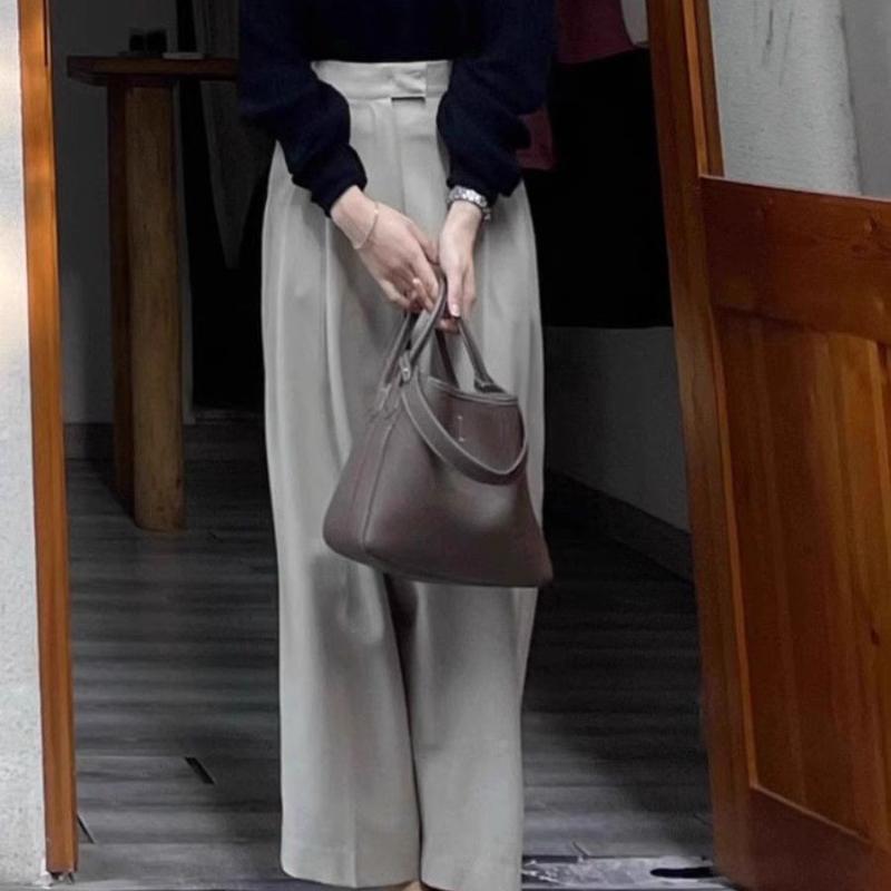 High-Waisted Drapey Summer Tailored Trousers for Women - Grey Slimming Straight-Leg Wide-Leg Ankle-Length Culottes