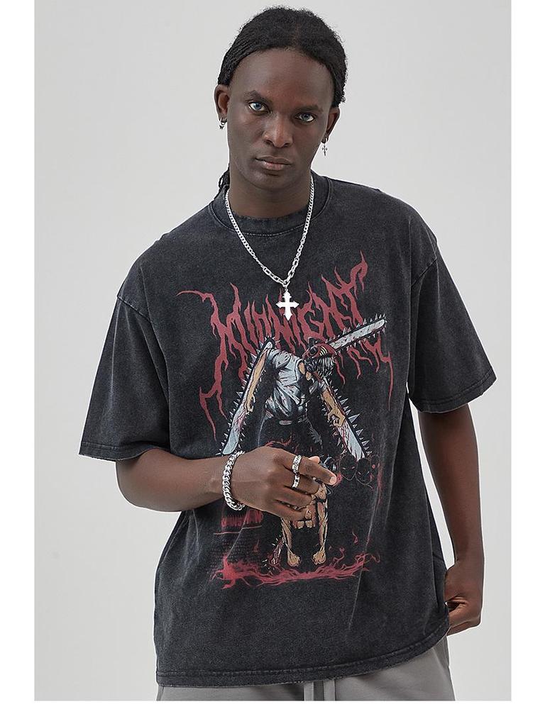 ARTIE Men's Anime Print Loose-Fit Ripped Washed T-Shirt