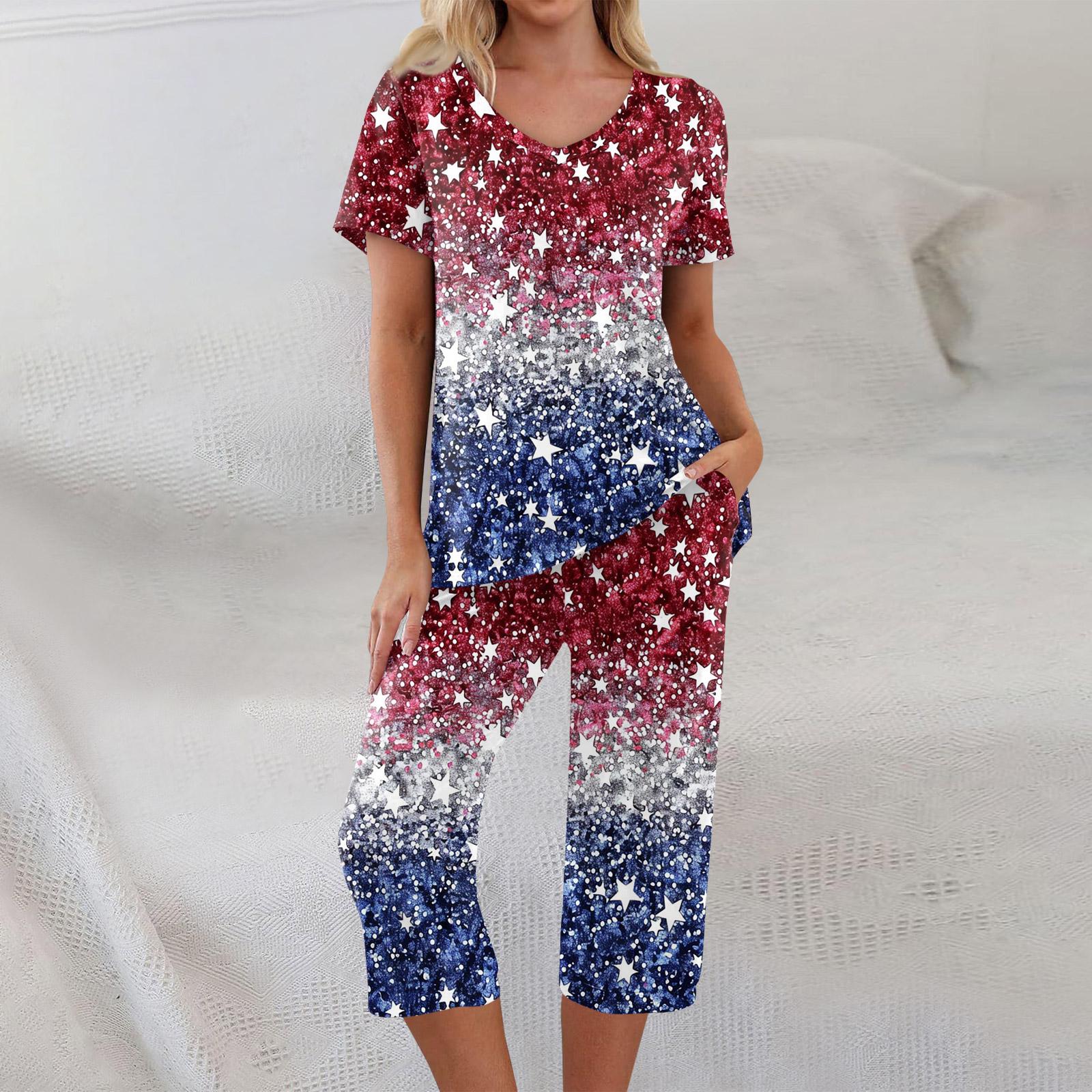 

Комплекты из 2 предметов для женщин: топ с коротким рукавом и брюки с карманами, мягкие тренировочные комплекты с принтом L темно-синий