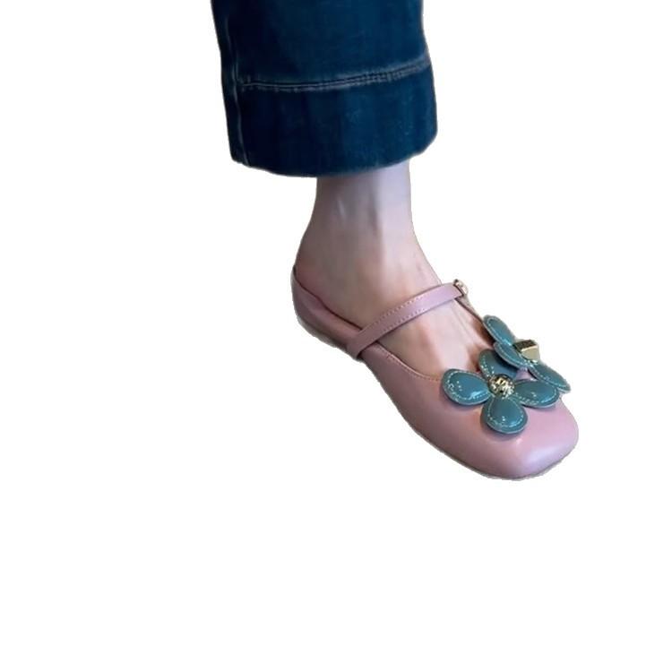 Sheepskin version~ New contrasting color flower one-word buckle head shoes women's inner height increase leather French sweet semi-slippers
