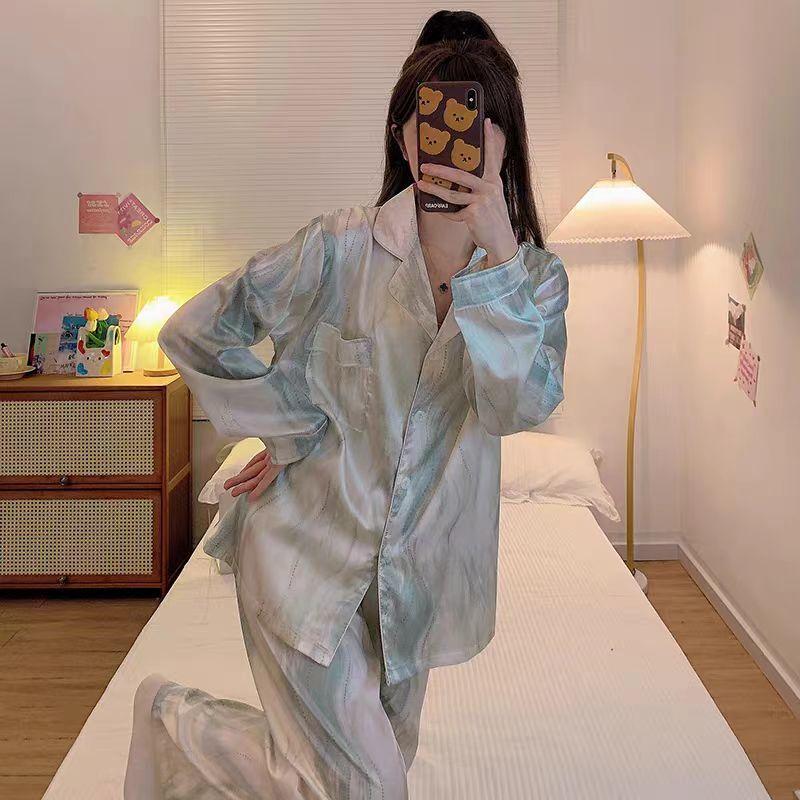 Pintura China a Tinta Estampada Ropa de Casa de Verano de Seda de Hielo Conjunto de Pijama de Manga Larga