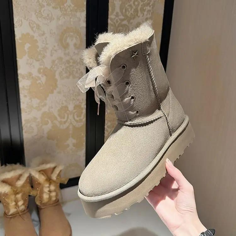 Fashion New Retro Winter Cow Suede Warm Snow Boots Handmade Women's Cute Round Head Thick Bottom with Suede Warm Cotton Boots Size 40