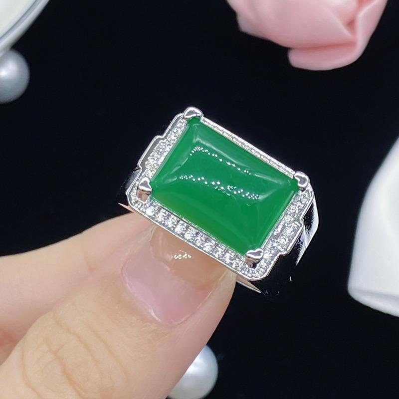 BELLA BOX Artificial Natural Ice Seed Chalcedony Opening Men's Ring Temperament Full Of Diamond Men's Finger Opening Can Be Adjusted