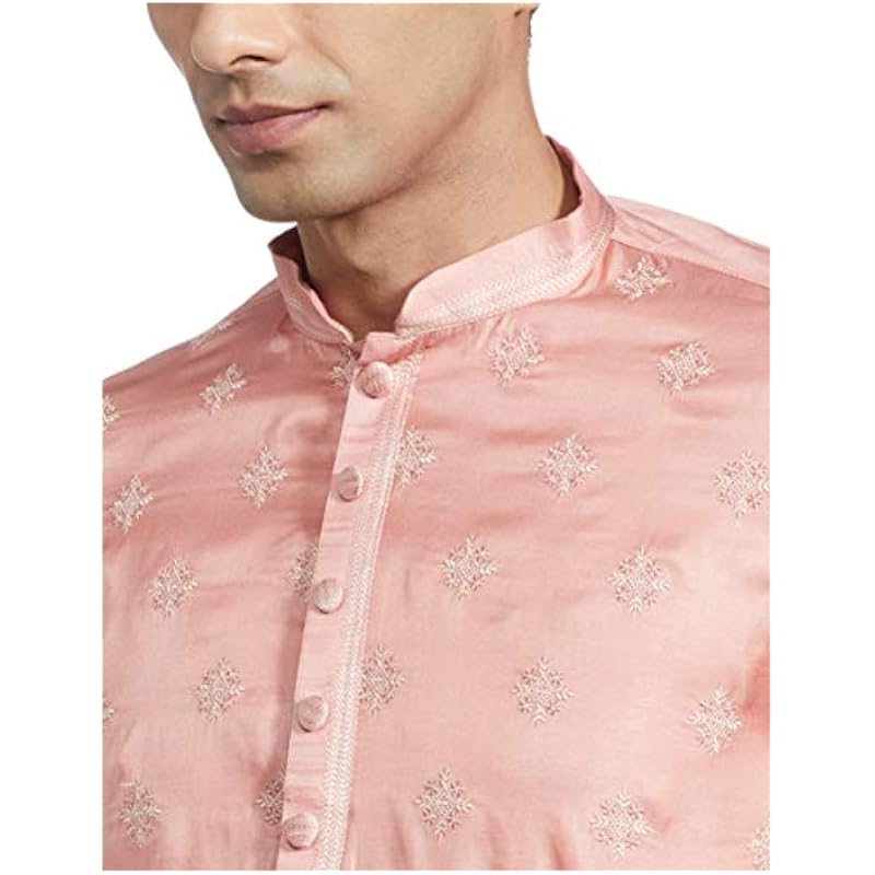 Manyavar Embroidered Design Knee Long Full Sleeves Kurta and Churidar Set For Men - (Pink, Large)