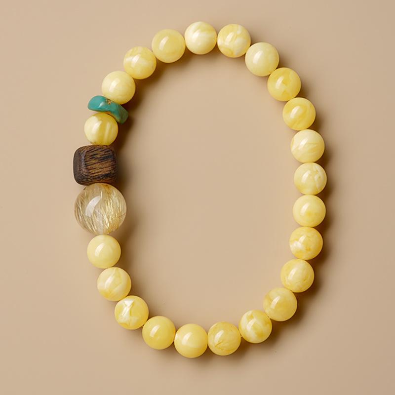 Natural White Flower Honey Bracelet with Golden Crystal, Agarwood, and Turquoise Beads - Xiaohongshu Bestseller