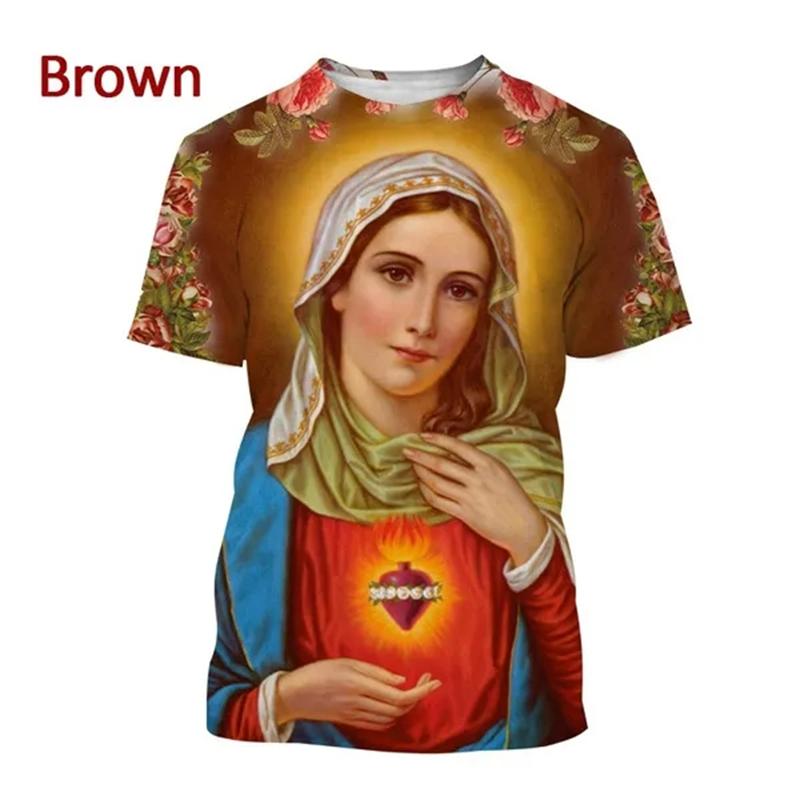 3D Printing Virgin Mary T Shirt For Men Summer Short Sleeved Christian Mother Of God Pattern Tshirts Mens Casual T-Shirt Tops