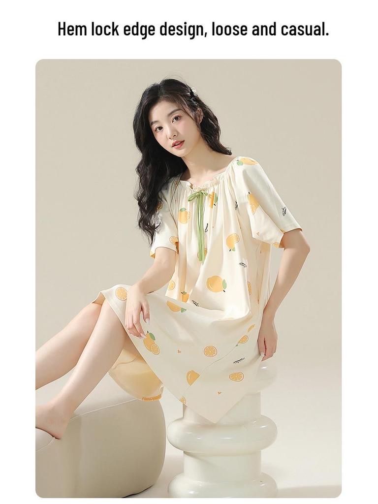 7A Women's Antibacterial Cotton Nightgown, Short Sleeve, Plus Size, Medium Length, Versatile for Outdoor Wear, Sweet Summer Home Dress