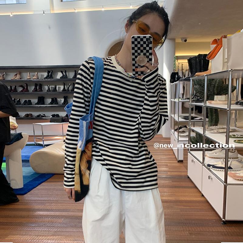 

Модная нижняя рубашка с длинными рукавами в контрастную полоску, женская весенняя свободная повседневная футболка с внутренней стороны