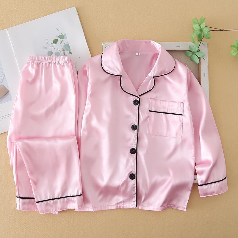 Kids' Ice Silk Pajama Set - Long Sleeve, Spring Summer, Red Cardigan