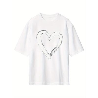 T-shirt da Donna Taglia Europea Morbida Miscela Casual Quotidiana con Grafica Cuore a Pennellata Minimalista - Top Girocollo Vestibilità Larga per San Valentino