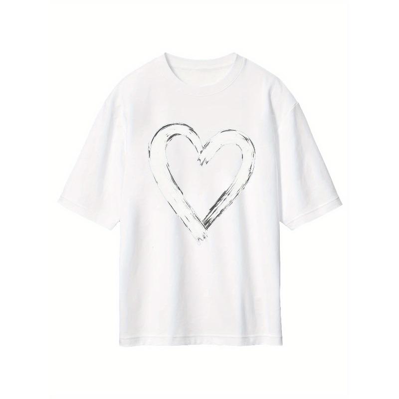 

Женская футболка европейского размера, мягкая смесь, повседневная, с минималистичным графическим изображением сердца в виде мазка кисти - Свободный топ с круглым вырезом ко Дню святого Валентина S белый