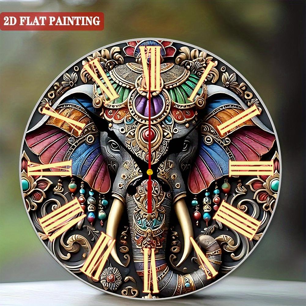 Elephant Wall Clock. Colorful Decorative Timepiece with Roman Numerals for Living Room or Bedroom.