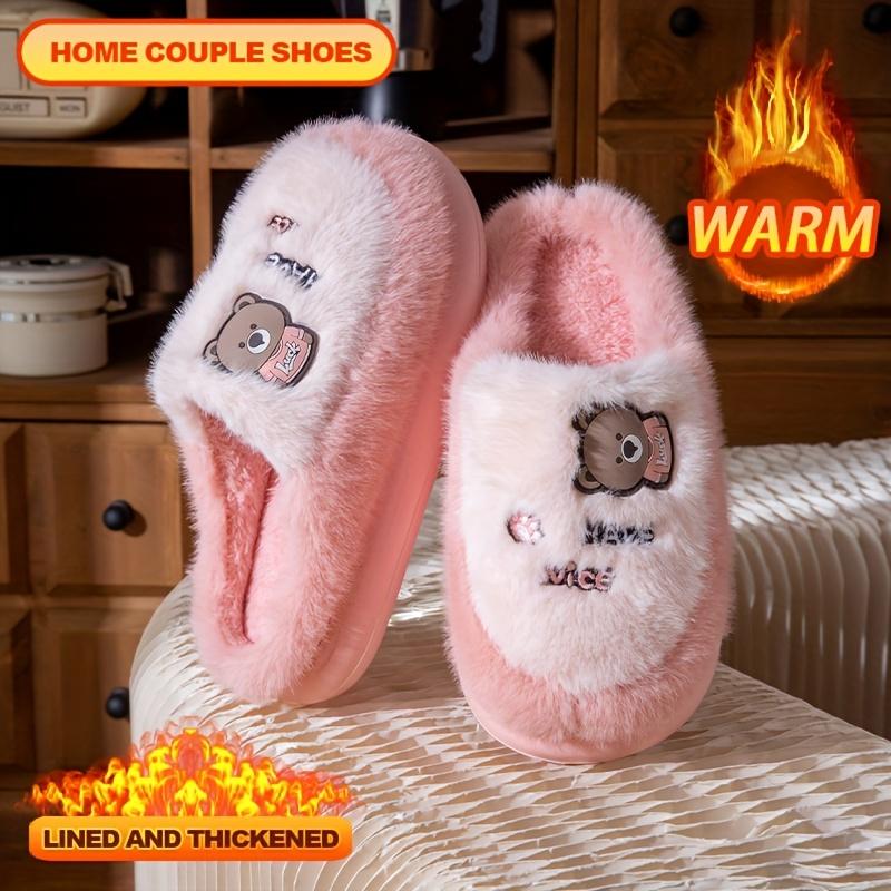 Couple's Home Warm Slippers Winter New Men's and Women's Indoor Home Non-Slip Thick Fleece-lined Thick Lazy Shoes Carto Bear Flat Slippers