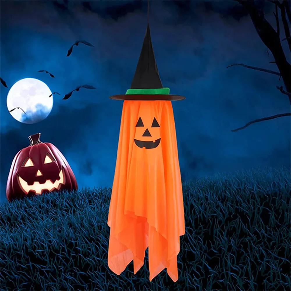 1pc Halloween Decorations for Home, Pre-Installed Orange Pumpkins Wizard Hat Outdoor Fall Decor, Hanging Pumpkin Witch H