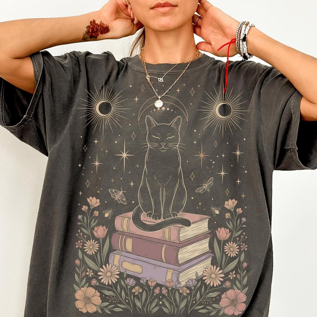 Celestial Bookish Black Cat Shirt Comfort Colors® Mystical Moon Cat Starry Night Book Club Tee Witchy Cat Mom Dark Academia Magical Bookworm