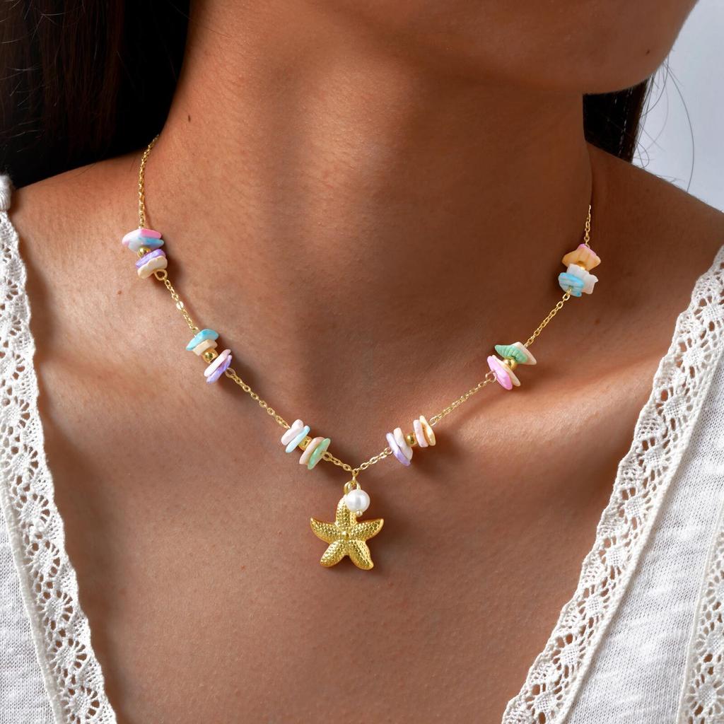 Double Layered Beads Chain Starfish Pendants Ocean Conch Pendant Necklace, Stainless Steel Summer Waterproof Jewelry