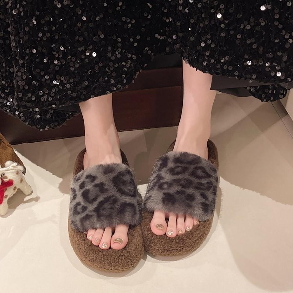 

Леопардовый принт на платформе Новые модные домашние тапочки из хлопка и меха на осень и зиму 40 серый