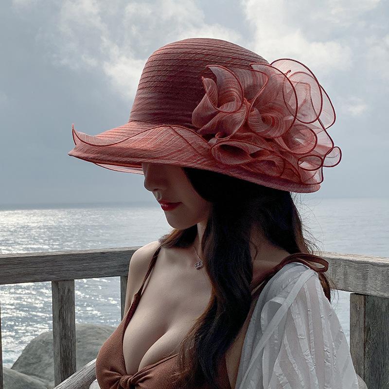 Summer New Women's Organza Flower Big Edge Beach Hat Outdoor Shading Sun Protection Travel Mesh Fisherman Hat