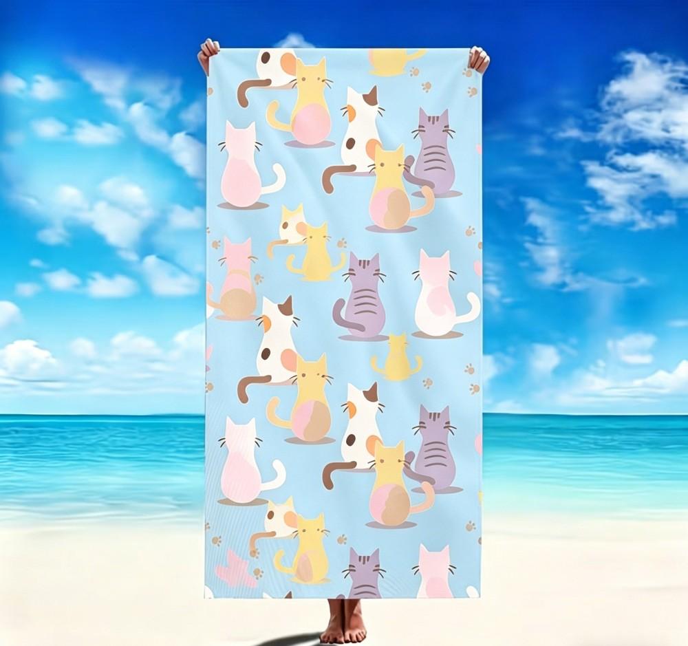 Oversized Cute Cat Beach Towel XL Cartoon Kitten Pool Blanket Large Bath Towels for Cat Lovers Summer Vacation Travel Essentials