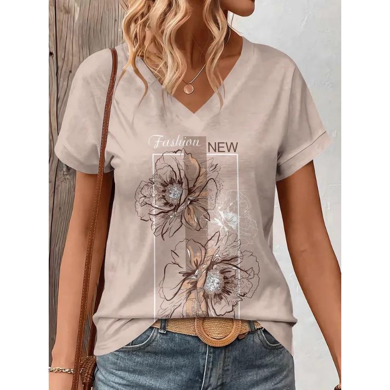 Fashion Women's V-Neck Short Sleeve 3D Flower Color Printing Flower Short Sleeve V-Neck T-Shirt