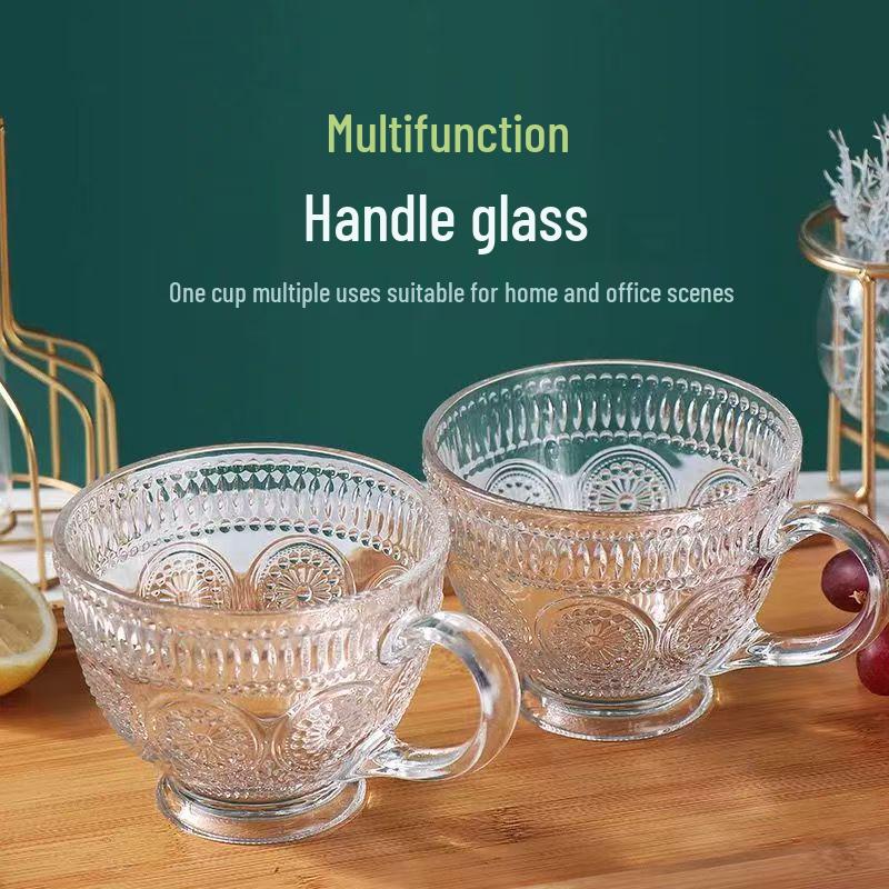 Retro Sunflower Stripe Glass Cup for Oatmeal & Milk, Large Capacity with Handle