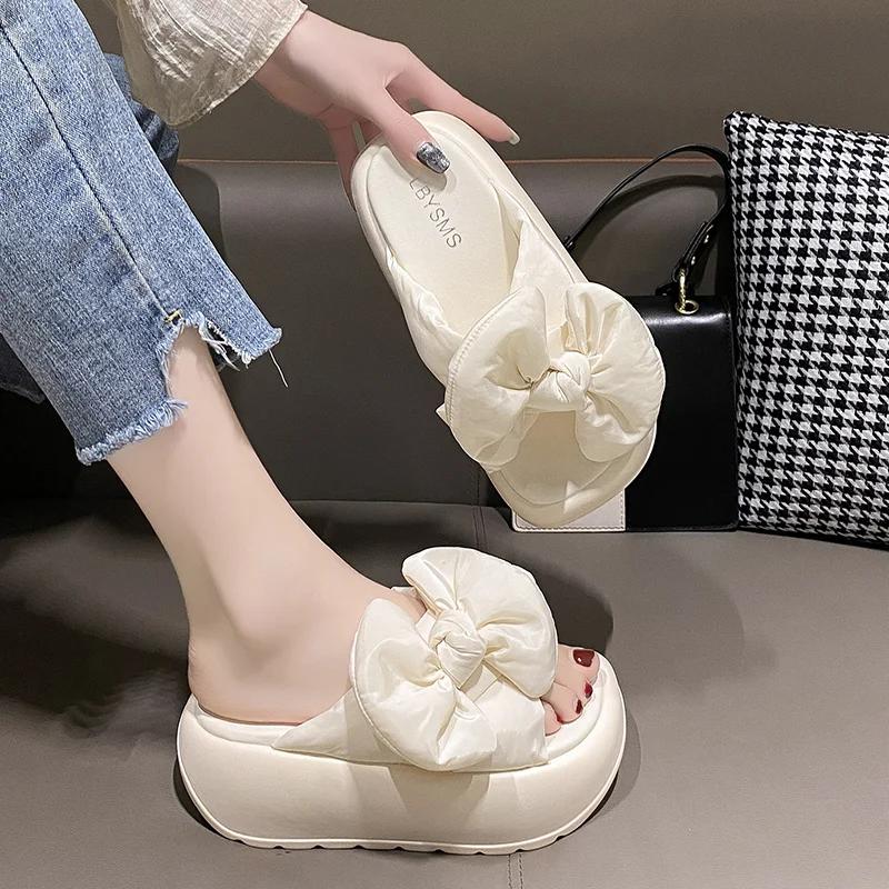 Kawaii Platform Sandals Women Summer Thick Bottom Shoes 7CM Wedges Heels Casual Sandals Comfortable Black Bowknot Slippers