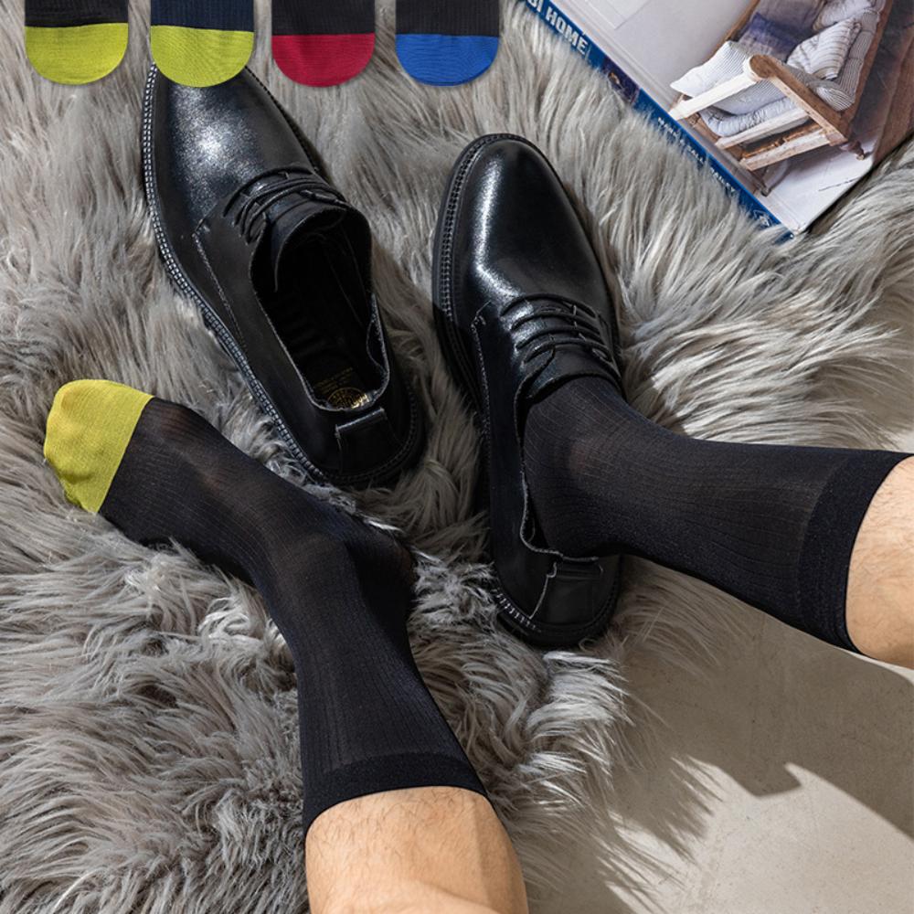 Stripe Men Thin Dress Tube Socks Sheer Patchwork Business Stockings Elastic   Business
