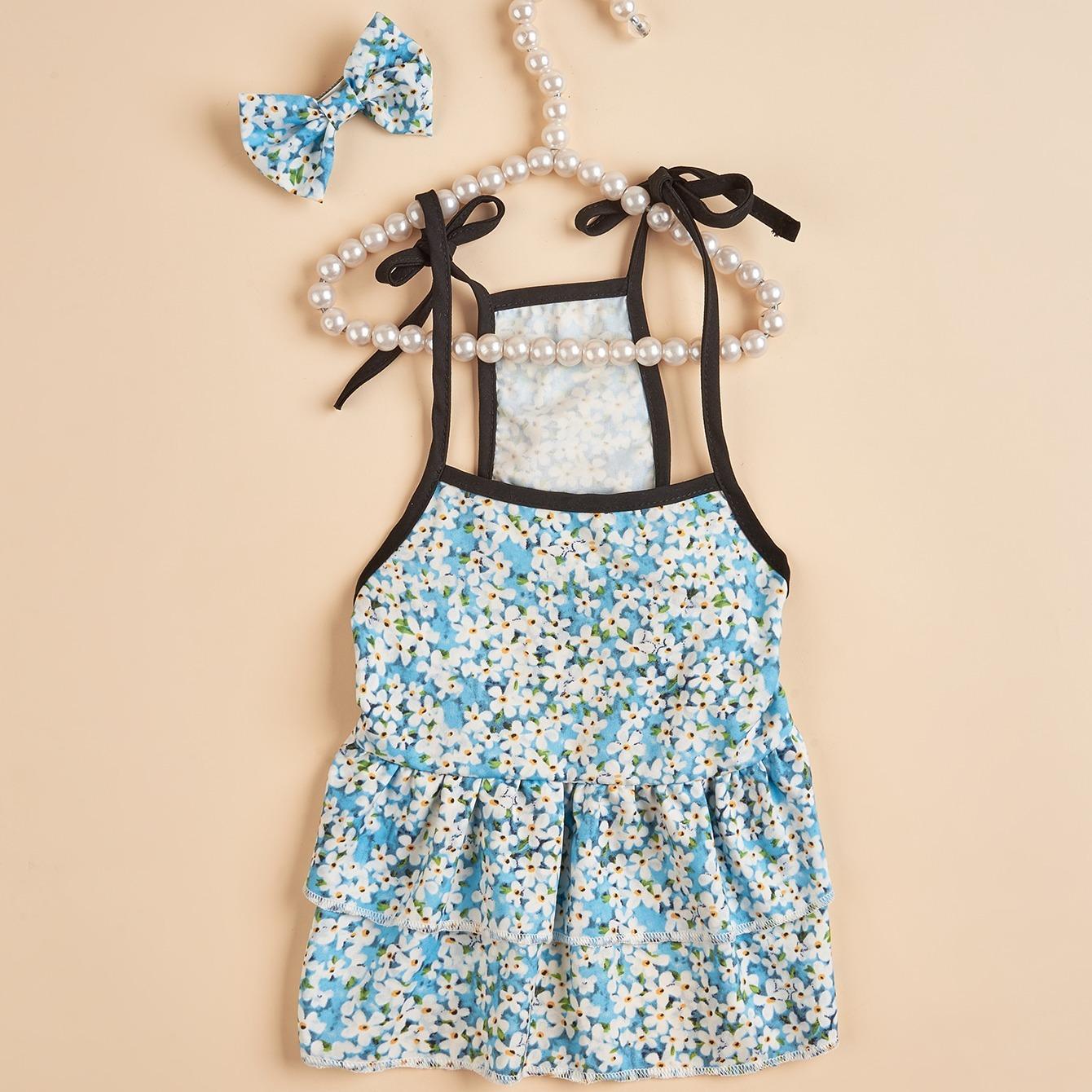 

Cute Puppy Dress Set, Blue Floral Print & Bow Hair Accessory Ruffled Skirt Sweet Pet Wear for Daily Pet Apparel Adorable Costume XS（old） синий