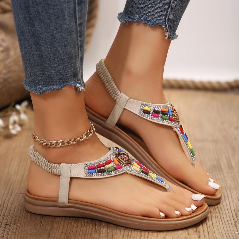 Large Size Sandals Women's New Flat-bottomed Pinch Feet Retro Casual Beaded Bohemian Shoes