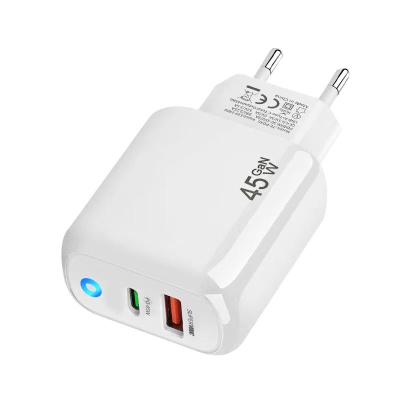 Dual-Port PD45W GaN Fast Charger with International Compatibility and LED Indicator