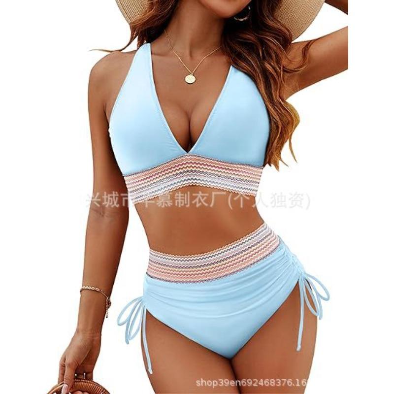 New swimsuit women s split sexy bikini high waist belly hanging neck tight S светло-синий