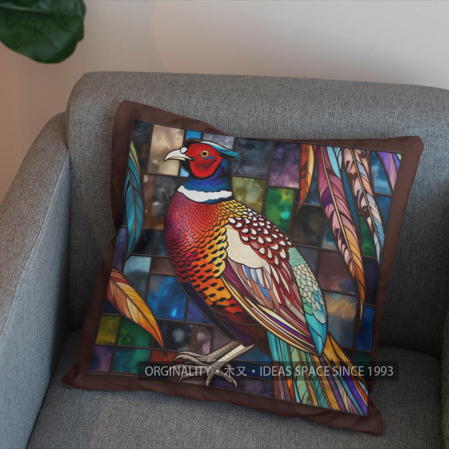 2D Stained Glass Pheasant Design Decorative Pillow Pattern Cushion Cover Suitable For Sofa Bedroom Car Pillow Cover