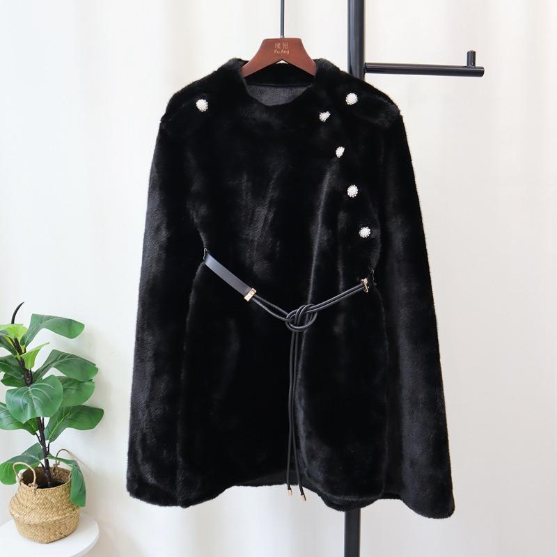 Thickened Fur Integrated Medium and Long Cape Coat Autumn and Winter New Belt Shawl Coat Women
