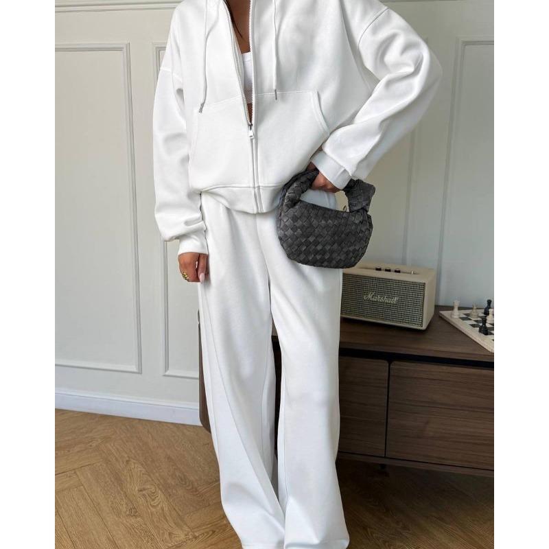 Women S Loose Hooded Zip Sweatshirt Tracksuit Two Piece Set Solid Color