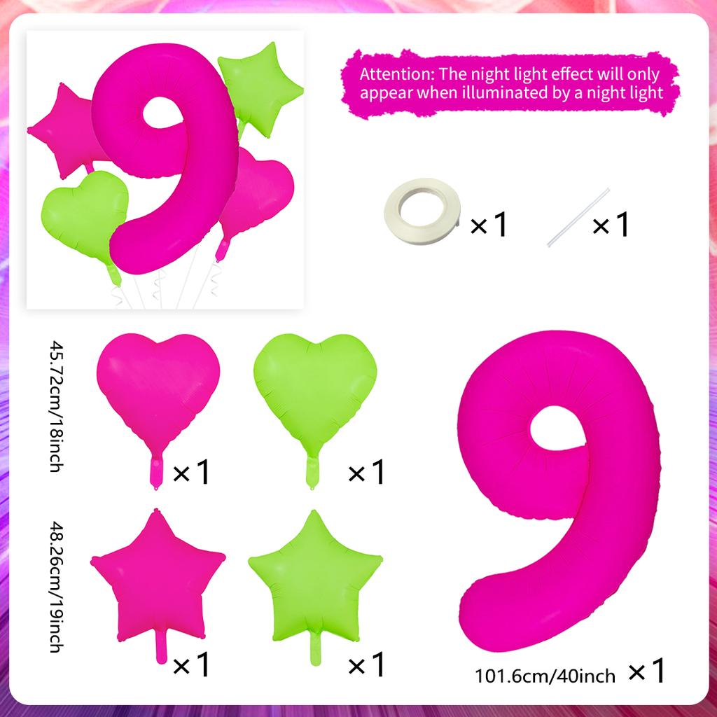 Neon fluorescent digital balloon set 1-9 five pointed star heart-shaped balloons for birthday and graduation season decoration