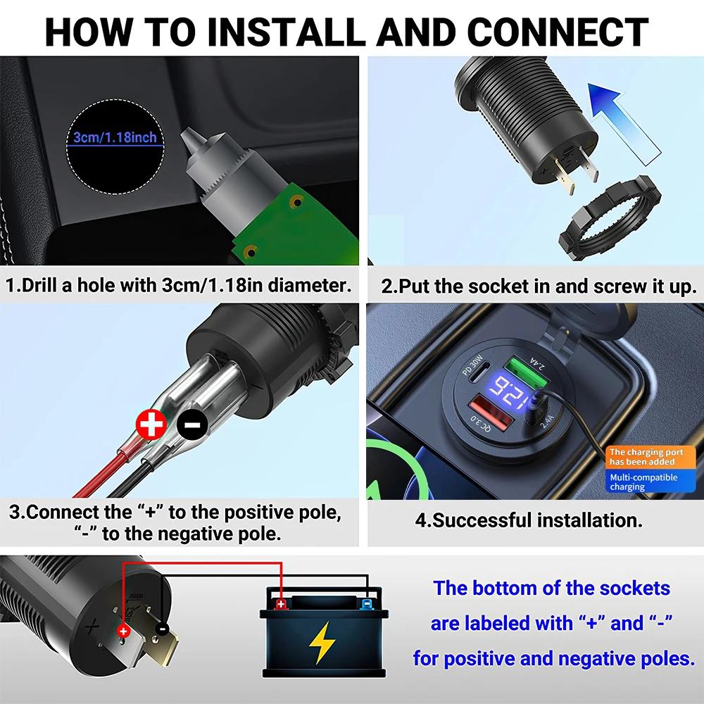 72W max. 4 Ports PD30W & QC3.0 Schnellladebuchse für Handys Wasserdicht mit Spannungsanzeige Für Motorräder, Autos, LKWs Für Huawei iPhone Samsung