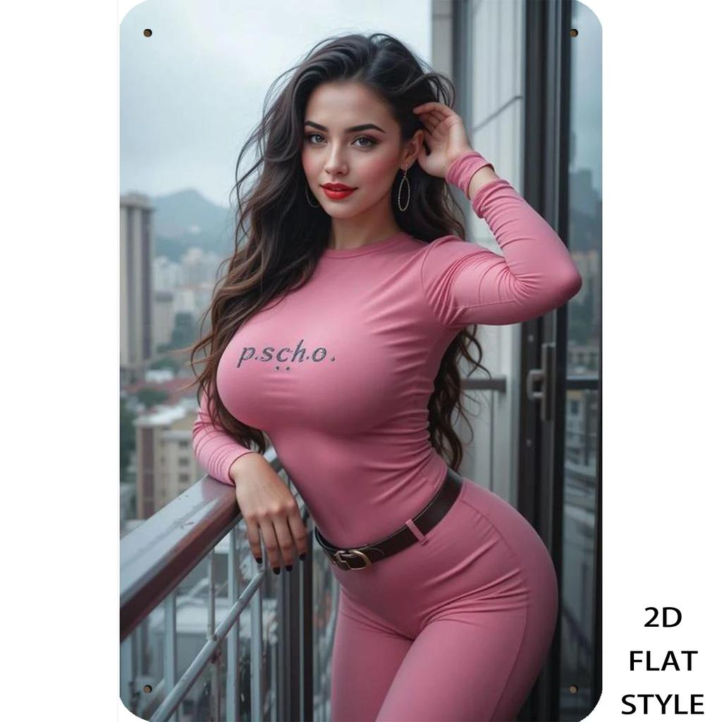 Vintage Sexy Curvy Woman In Pink Long Sleeve Top And Pants Balcony Cityscape Portrait Retro Metal Tin Sign Rustic Distressed Pi