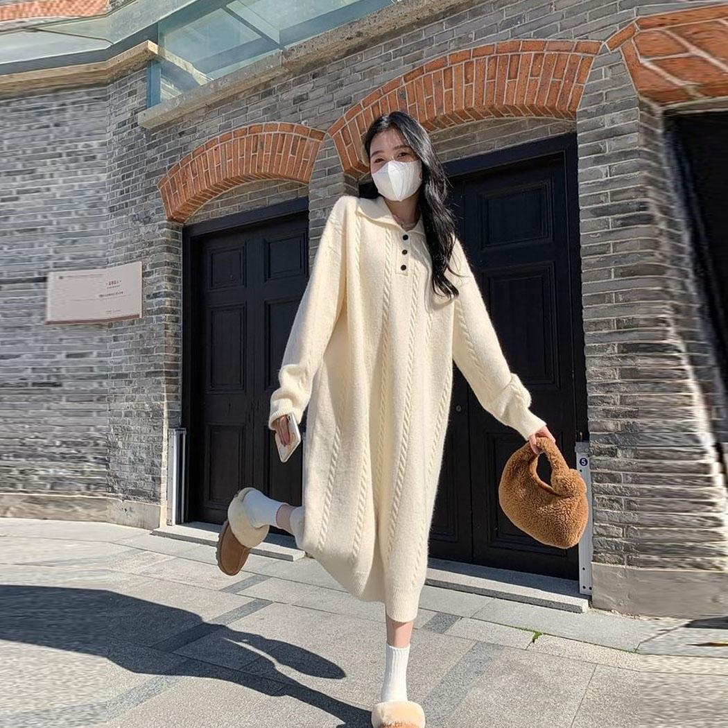 

Супер красивое шерстяное платье, женский осенне-зимний свободный свитер, новинка 2023 года, длинный вязаный пуловер с длинными рукавами, женское платье One Size бежевый