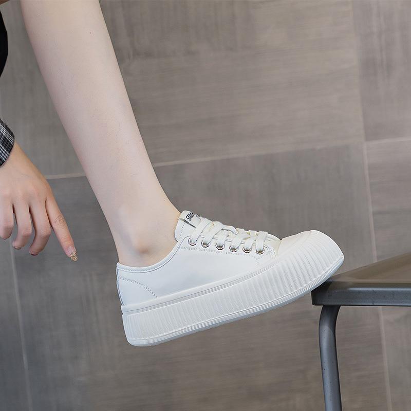 Cute big head shoes spring round head lace-up shallow mouth leather thick-soled white shoes student casual board shoes