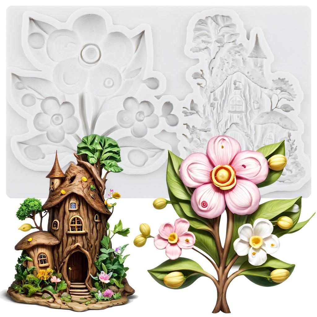 Fairy Garden House Silicone Mold Sunflower House Treehouse Fondant Molds Cake Decorating Tools Theme Cake Dessert Decorated Chocolate Candy Mold