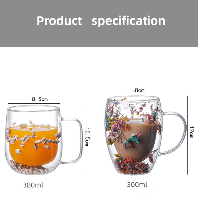 1pcs Creative Double Wall Glass Mug Cup with Dry Flower Sea Snail Conchs Glitters Fillings for Coffee Juice Milk Student Gifts