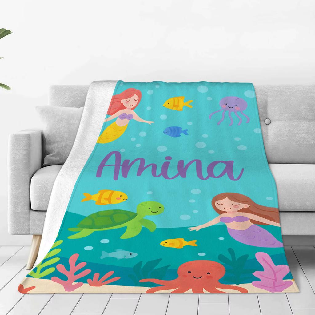 1PC Cartoon Blanket Custom Name Personalized Flannel Baby Blanket For Sofa Soft Birthday Gift Customized Blankets For Girls Boys