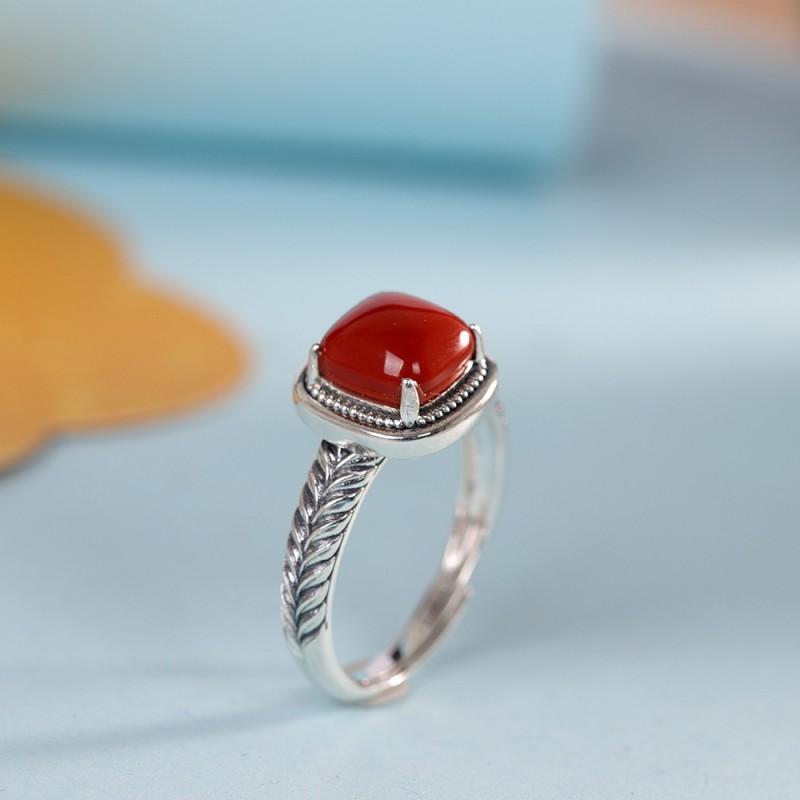 Adjustable Open Ring With Square Wheat Motif Red Agate Or Amber Inlay Vintage Bohemian Style Copper Jewelry Men Women