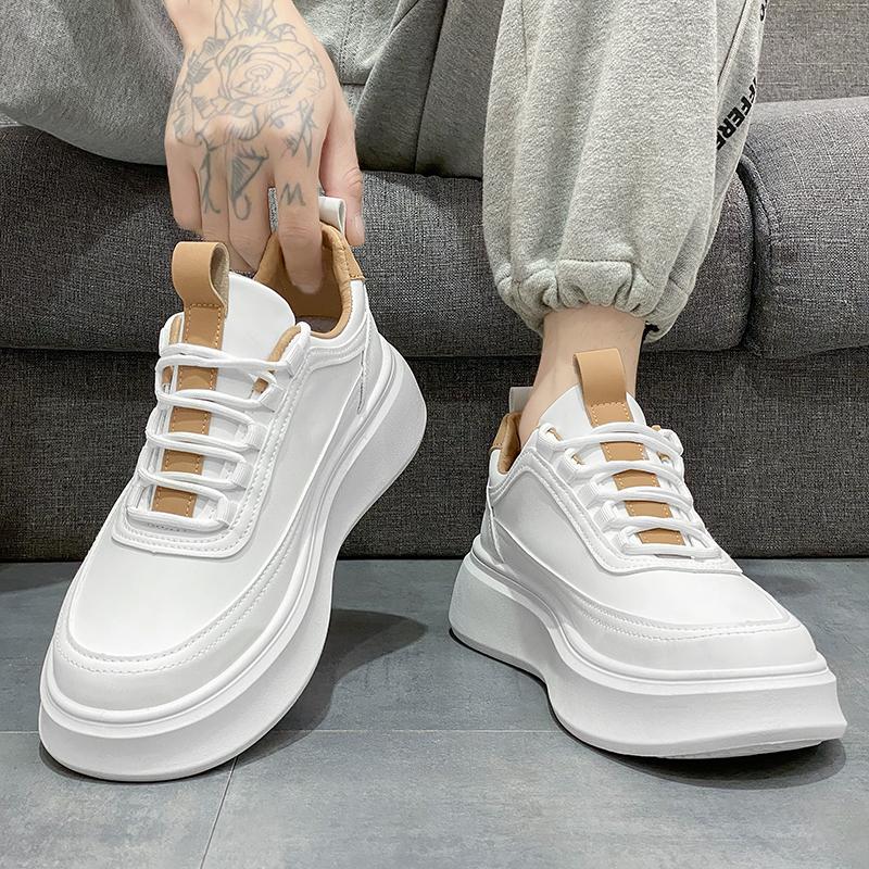 Модные мужские повседневные туфли на платформе с толстой подошвой из кожи белого цвета — фото 5