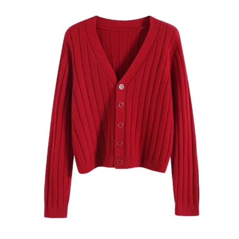 Damen V-Ausschnitt Strickjacke Jacke Locker Langarm Herbst Vielseitig Kurz Outfit Oberteil Pullover