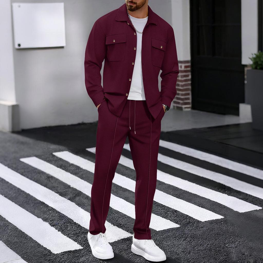 Men's Casual Long Sleeve Pants Two Piece Set Solid Color Double Pocket Workwear Cardigan Shirt Set