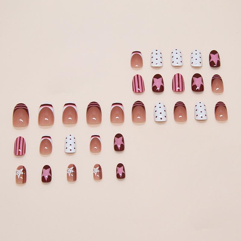 24 Pieces Red and Brown Cheese Polka Dots Striped French Stars Style Removable Nail Art 30 Pieces Press On Nails